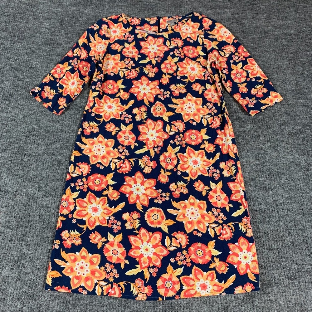 J Jill Dress Womens 8 Navy Blue Orange Floral Rayon Shift 3/4 Sleeve Mod Boho